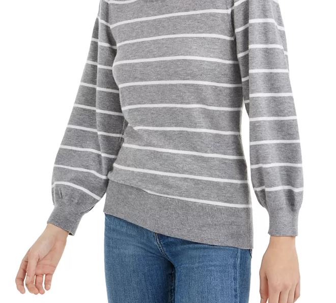 Maison Jules Women's Striped Puff Sleeve Sweater Grey Size X-Large