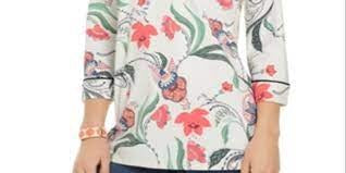Charter Club Women's Knit 3/4-Sleeve Paisley Tunic Top White Size Small