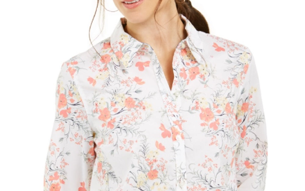 Charter Club Women's Cotton Floral Print Shirt White Size Small