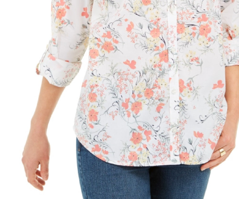 Charter Club Women's Cotton Floral Print Shirt White Size Small