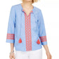 Charter Club Women's Embroidered Tasseled Blouse Blue Size Small