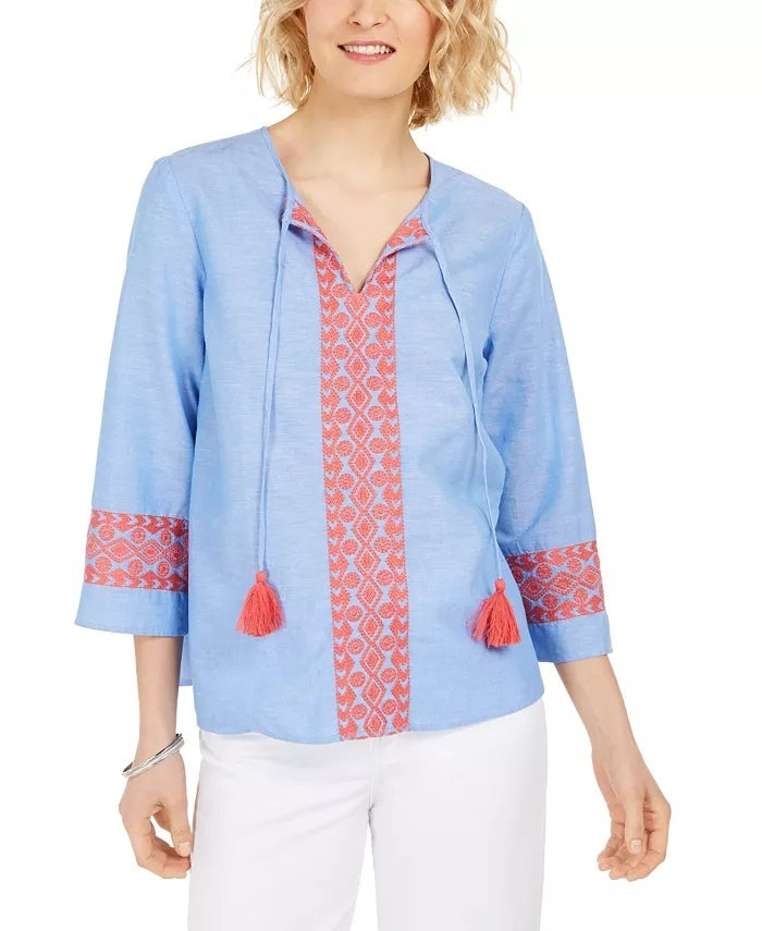 Charter Club Women's Embroidered Tasseled Blouse Blue Size Small