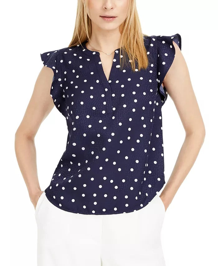 Maison Jules Women's Dot-Print Split-Neck Top Navy Size Small