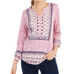 Style & Co Women's Printed Roll-Sleeve Split-Neck Top Pink Size Medium