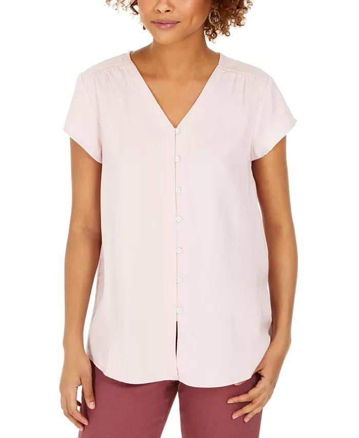 Style & Co Women's Button Down Flutter Sleeve Top Pink Size Small