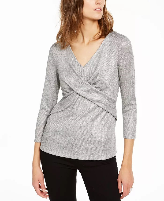 INC International Concepts Women's Criss-Cross Shine Top Silver Size Extra Small