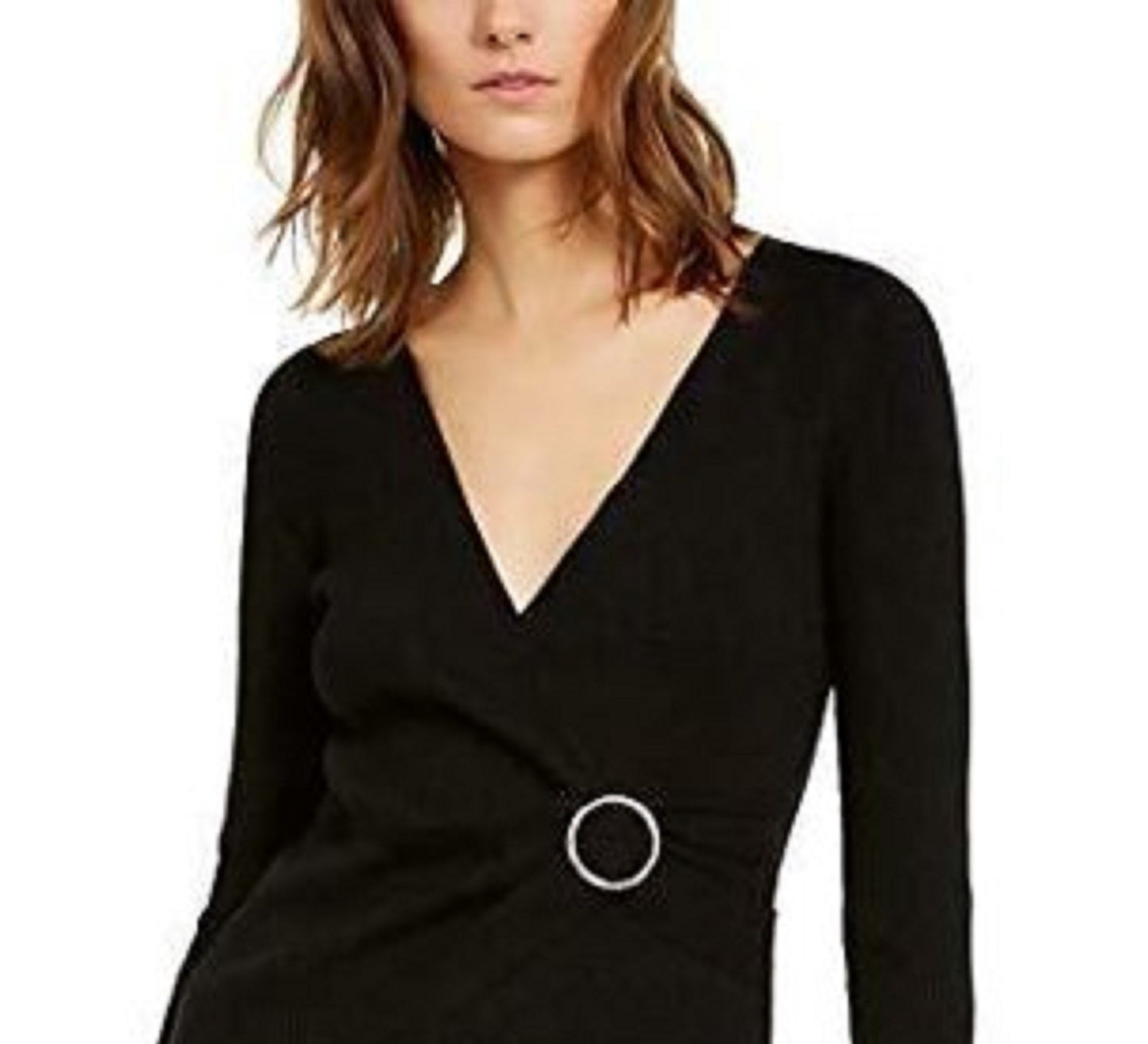 INC International Concepts Women's Lurex V-Neck Buckle Sweater Black Size L