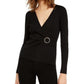 INC International Concepts Women's Lurex V-Neck Buckle Sweater Black Size Small
