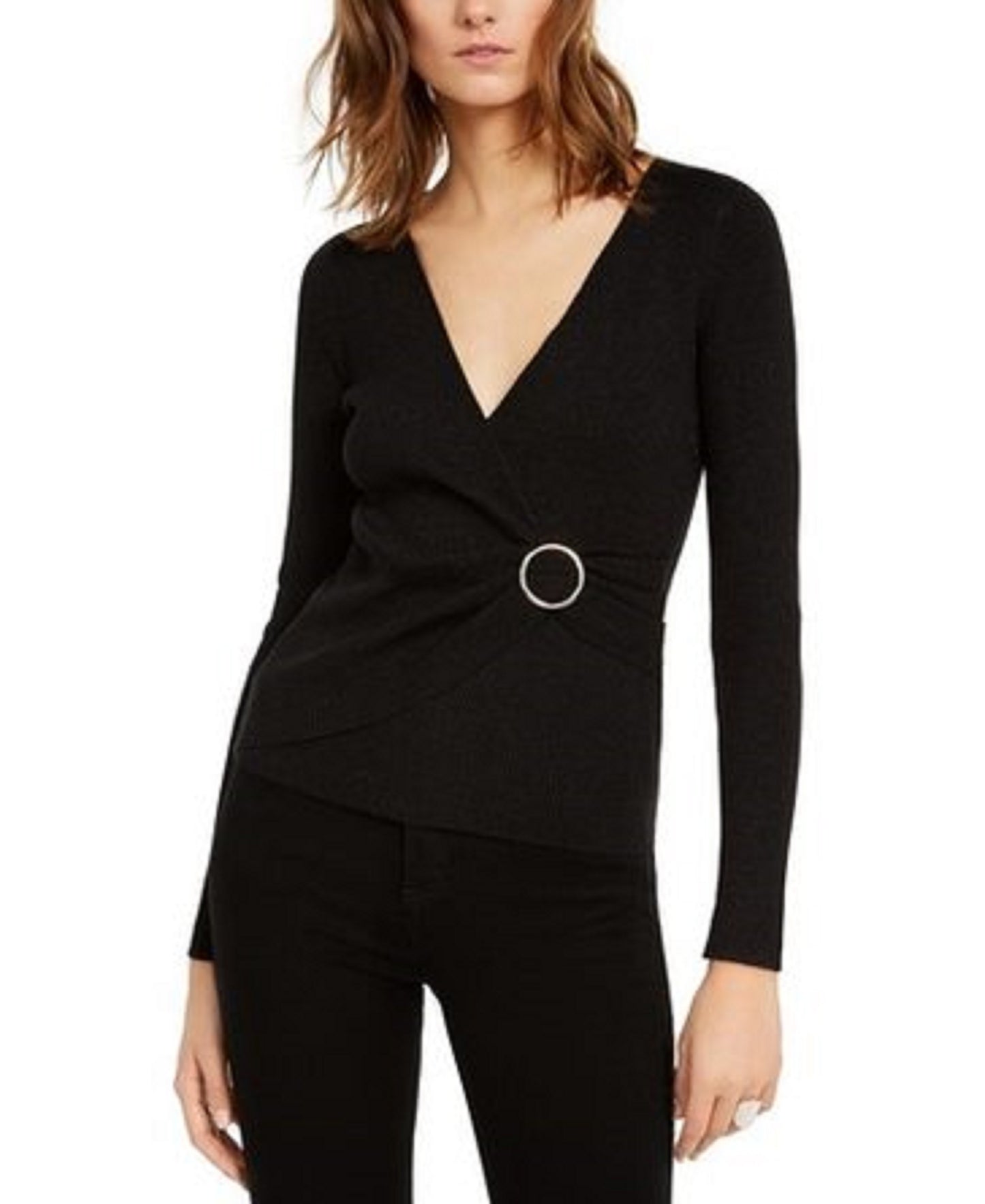 INC International Concepts Women's Lurex V-Neck Buckle Sweater Black Size Small
