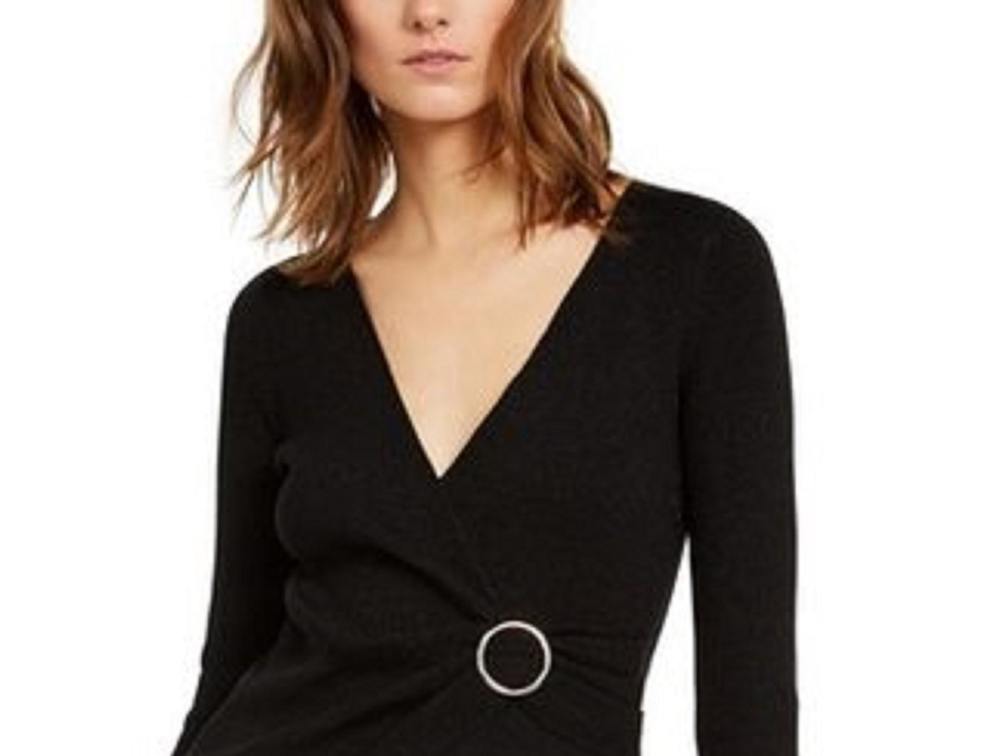 INC International Concepts Women's Lurex V-Neck Buckle Sweater Black Size Small