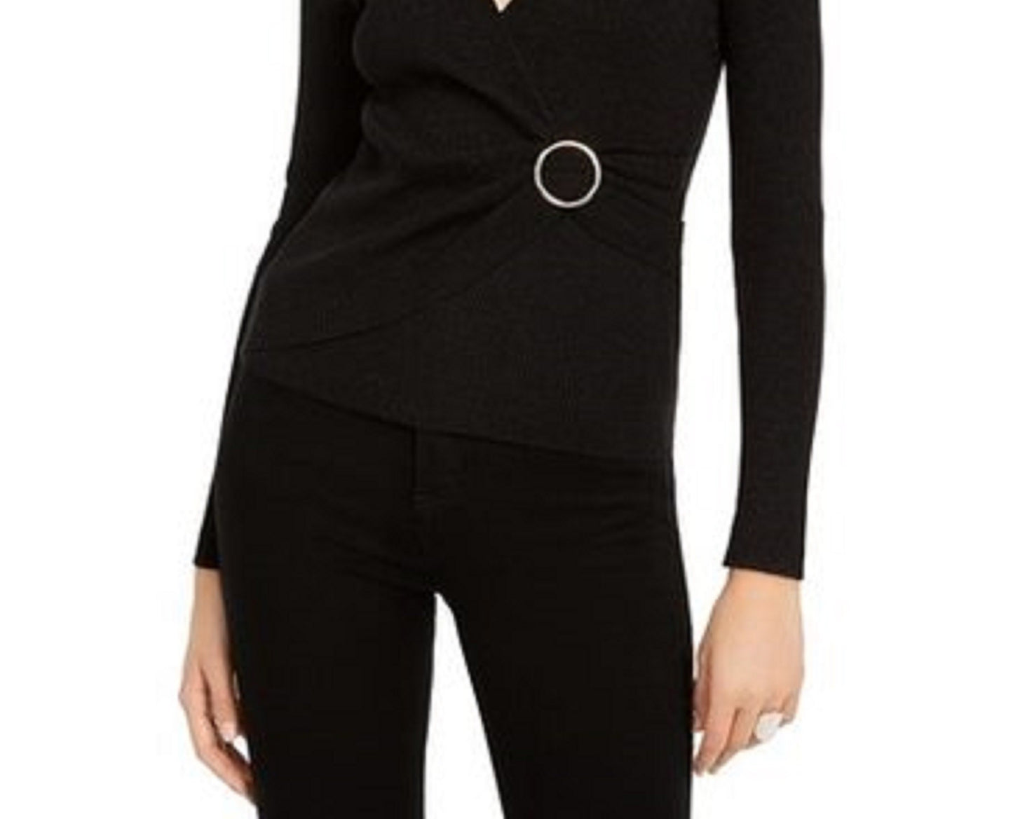 INC International Concepts Women's Lurex V-Neck Buckle Sweater Black Size Small