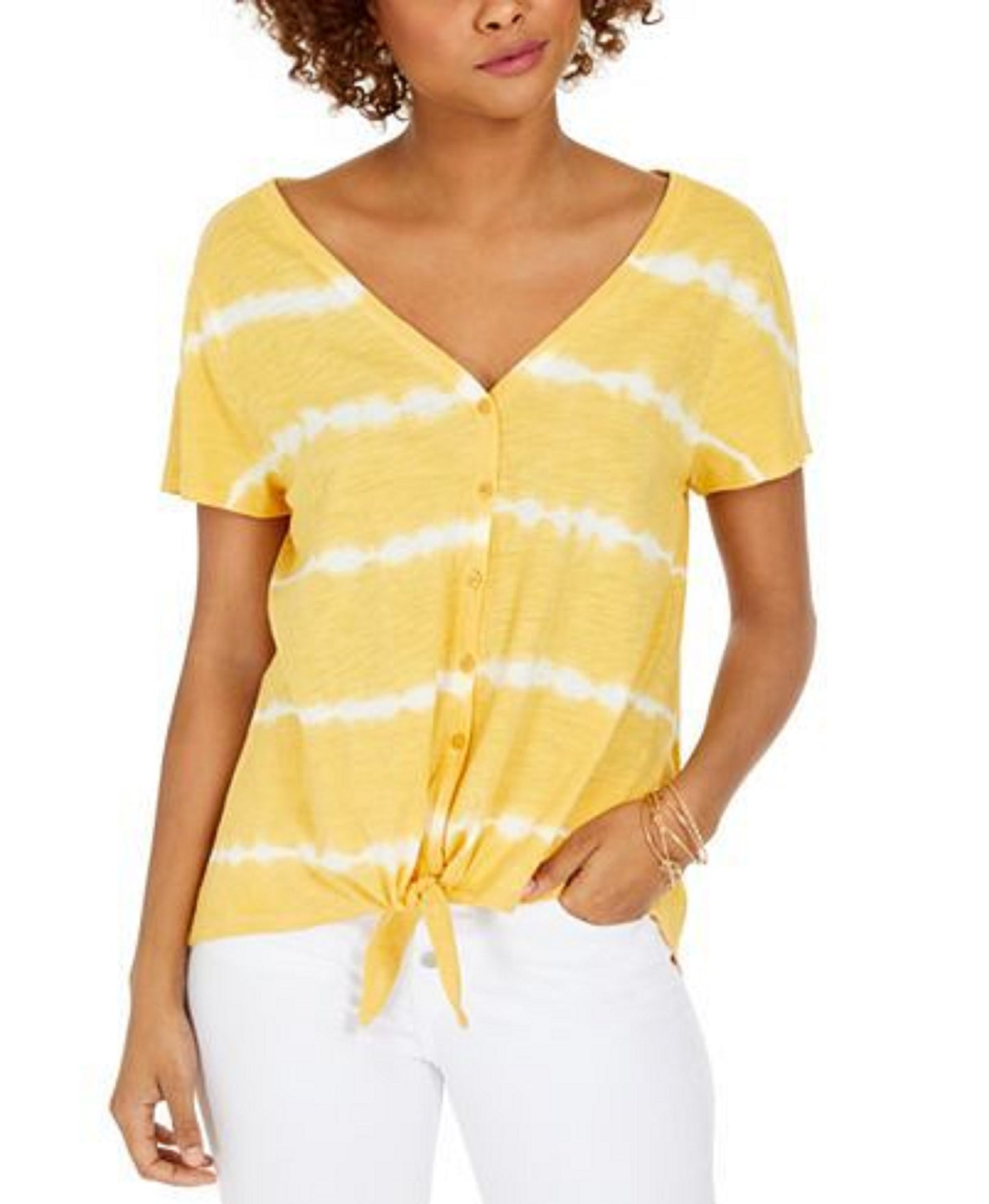 Style & Co Women's Tie-Dye Tie-Front Top Gold Size Medium