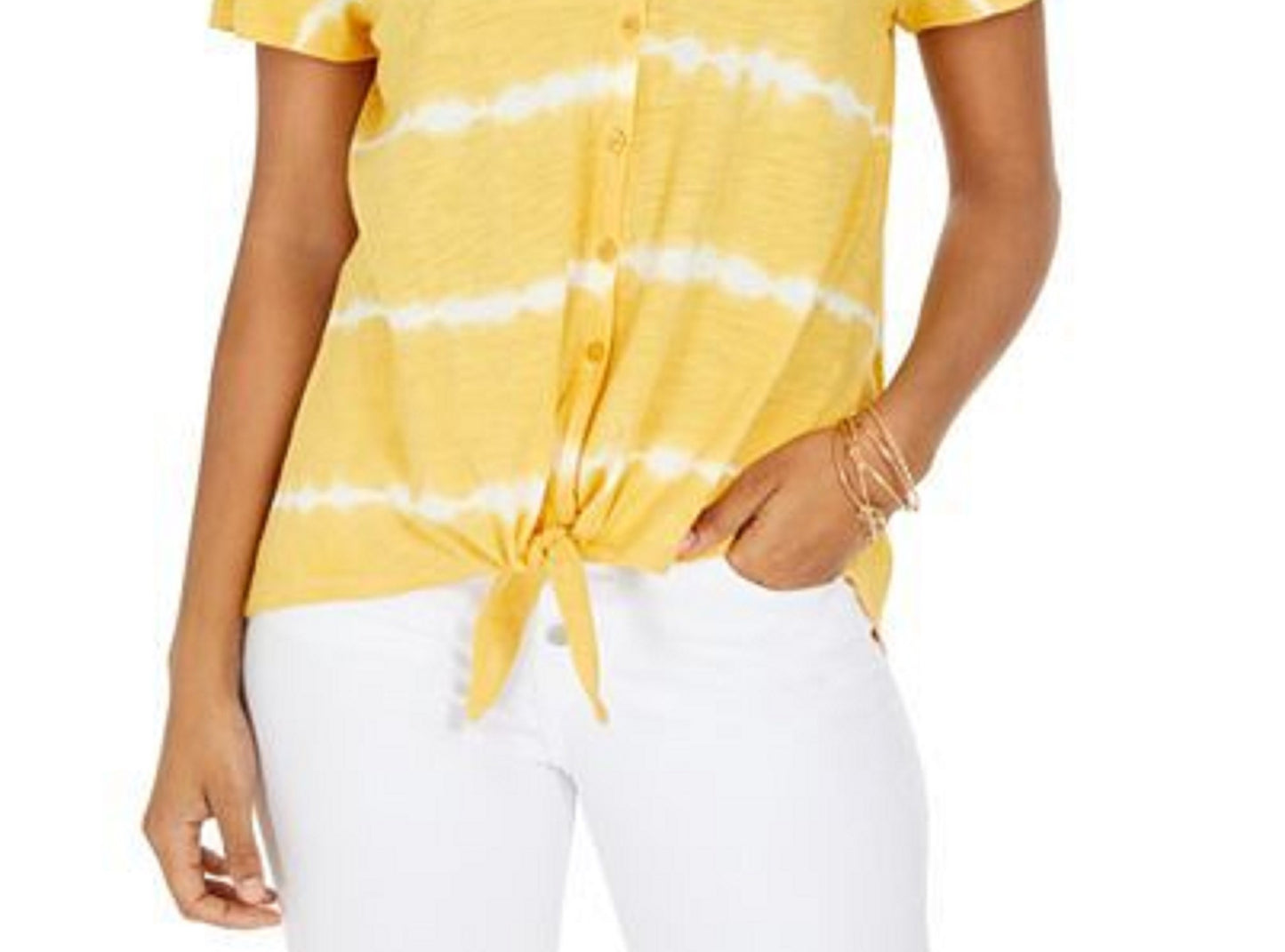 Style & Co Women's Tie-Dye Tie-Front Top Gold Size Medium
