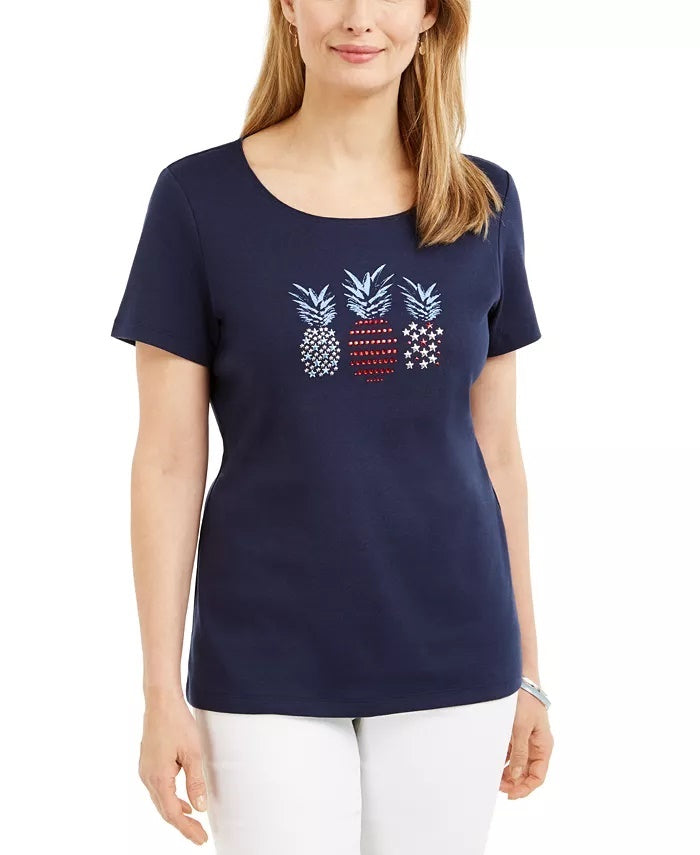 Karen Scott Women's Cotton Embellished Pineapple Top Navy Size Small