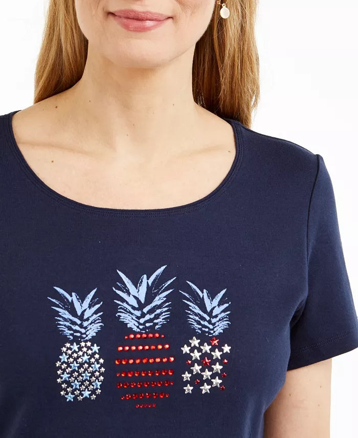 Karen Scott Women's Cotton Embellished Pineapple Top Navy Size Small