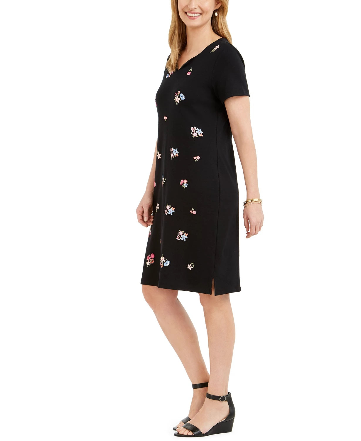 Karen Scott Women's Embroidered Split Neck Dress Black Size Medium