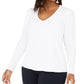 INC International Concepts Women's Plus Size Ribbed-Knit Puff-Sleeve Top White Size 3X