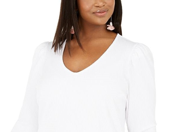 INC International Concepts Women's Plus Size Ribbed-Knit Puff-Sleeve Top White Size 3X