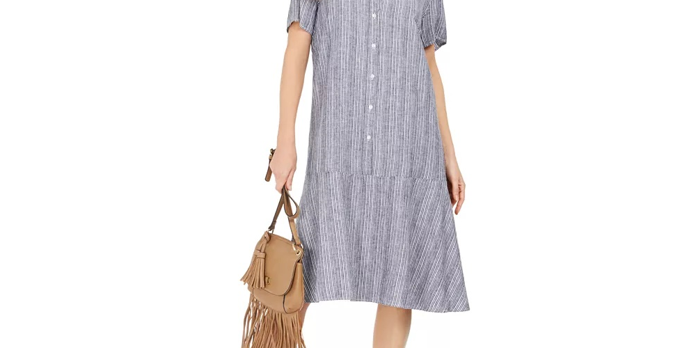 Style & Co Women's Striped Button-Front Linen-Blend A-Line Dress Med Blue Size XX Large