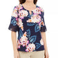 JM Collection Women's  Liza Floral-Print Keyhole Top Blue Size X-Large