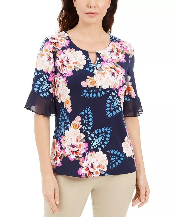 JM Collection Women's  Liza Floral-Print Keyhole Top Blue Size X-Large