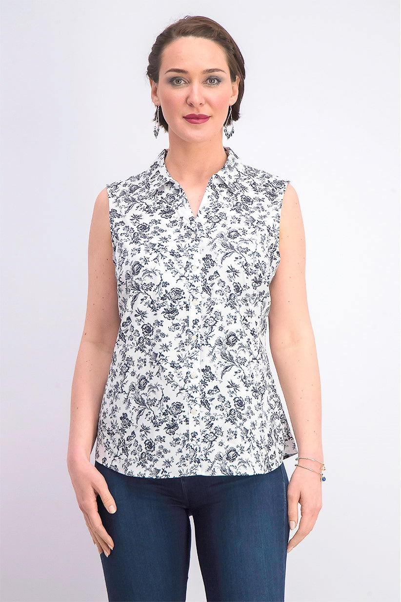Charter Club Women's Toile-Print Sleeveless Shirt Black Size 14