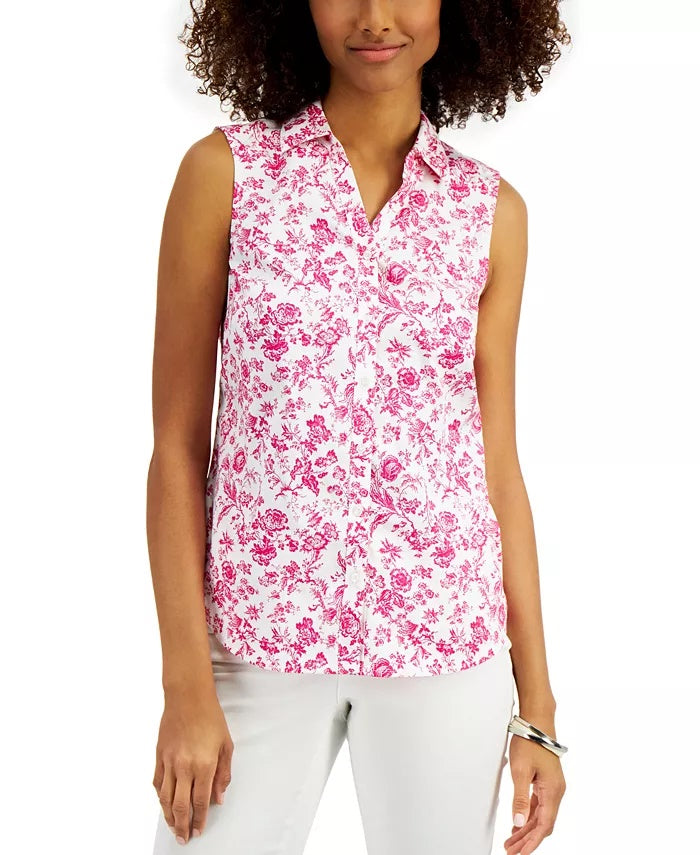 Charter Club Women's Toile-Print Sleeveless Shirt  Pink Size 16