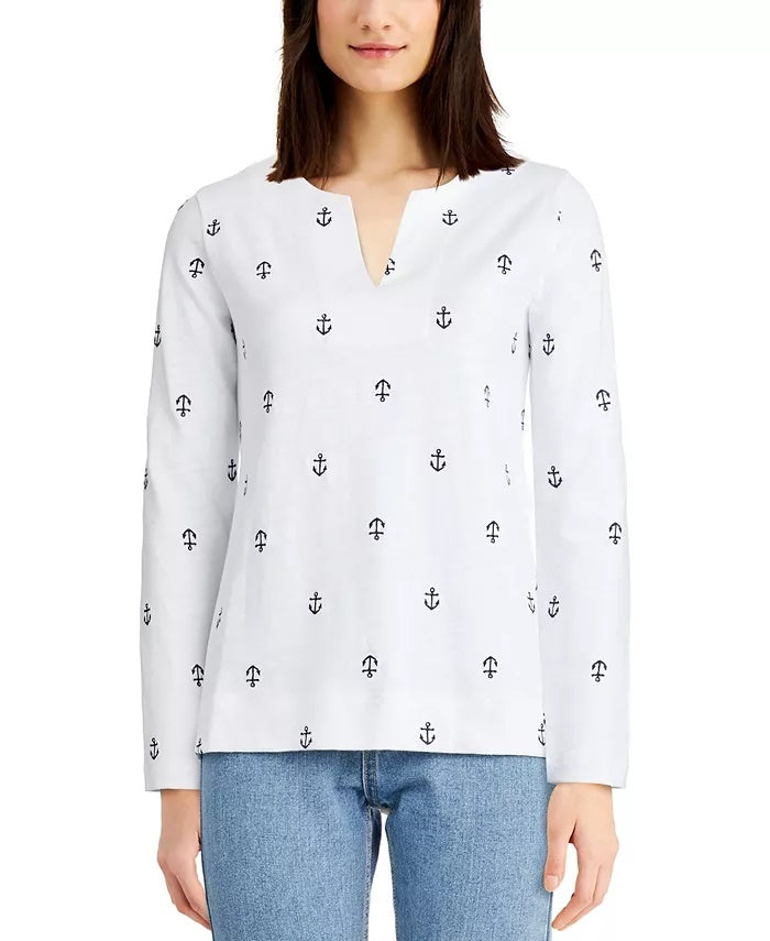 Charter Club Women's Cotton Embroidered Anchor Top White Size Large