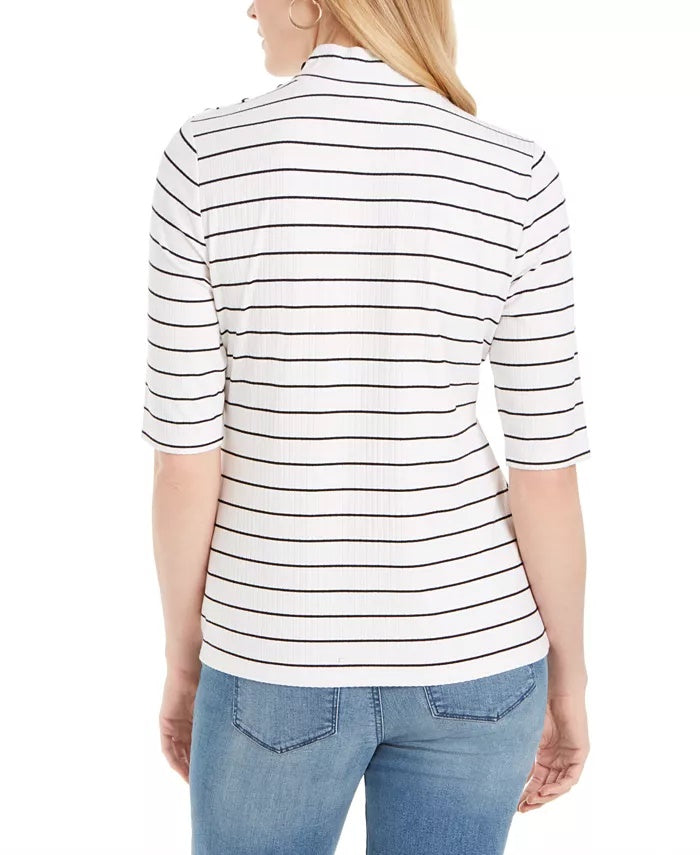 Charter Club Women's Striped Mock Neck Top White Size Small