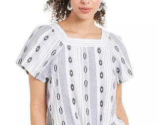 Style & Co Women's Printed Square-Neck Tie-Front Top Navy Size Large