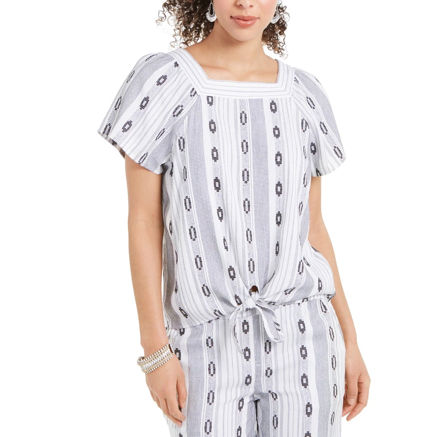 Style & Co Women's Printed Square-Neck Tie-Front Top White Size Extra Large