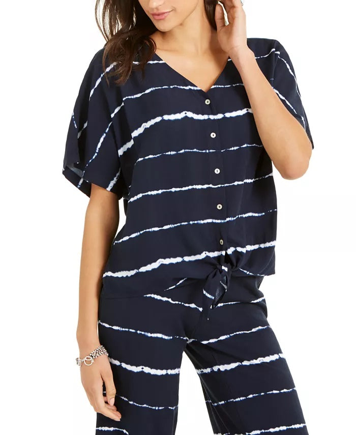 Style & Co Women's Striped Tie-Dyed Tie-Front Blouse Navy Size Small