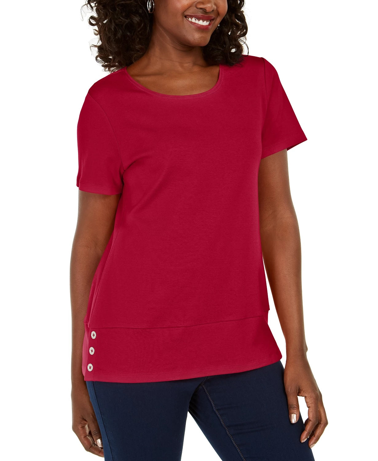 Karen Scott Women's Button-Hem Scoop-Neck Cotton Top Bright Red Size Medium