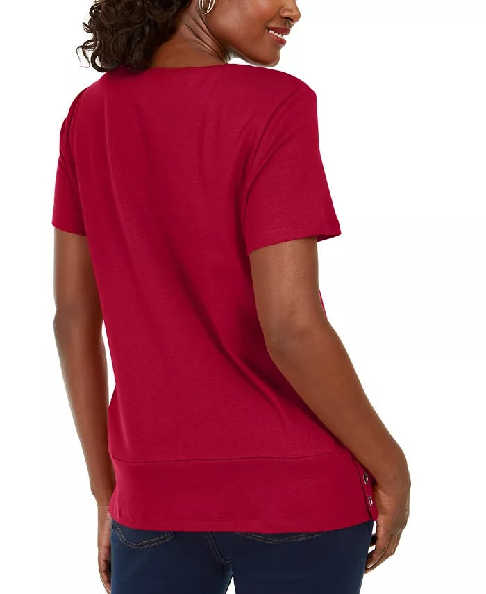 Karen Scott Women's Button-Hem Scoop-Neck Cotton Top Bright Red Size Medium