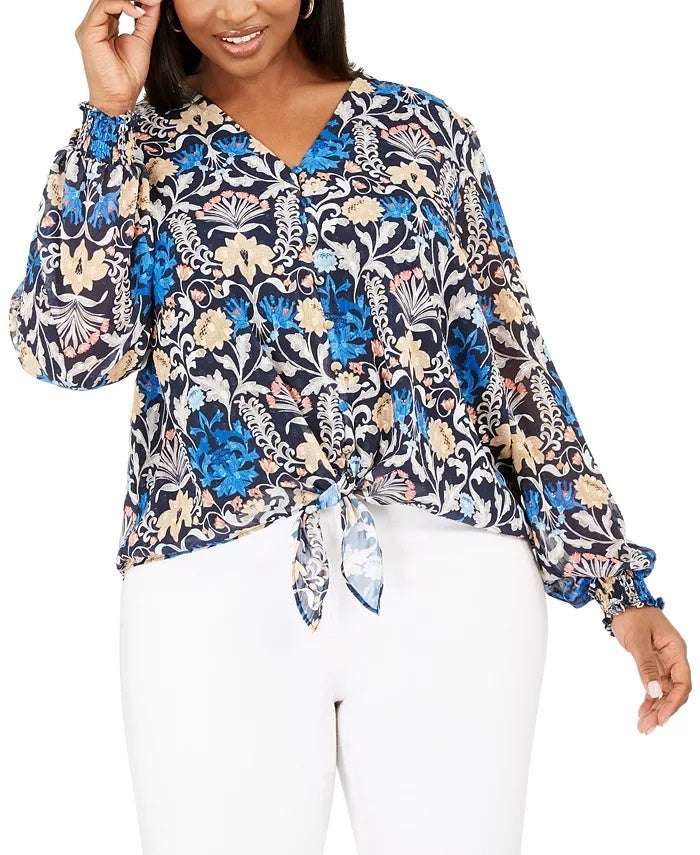 INC International Concepts Women's  Button Up Floral Print Top Turq/Aqua Size 1X