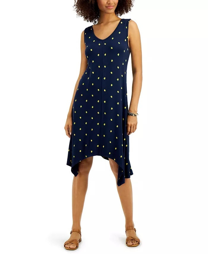 Style & Co Women's Printed Handkerchief-Hem Dress Navy Size Medium