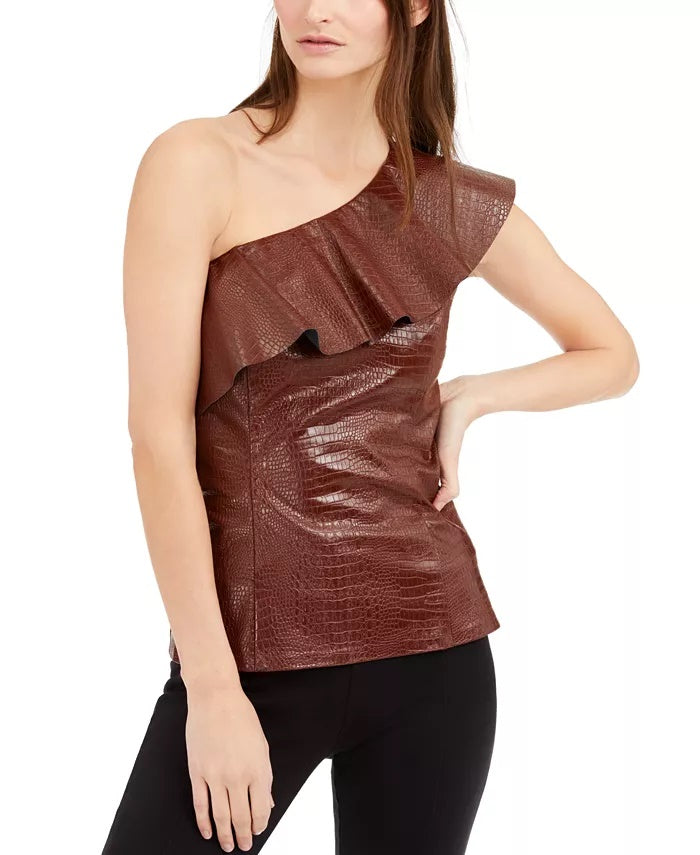 INC International Concepts Women's Croc-Embossed Faux-Leather Top Brown Size Small