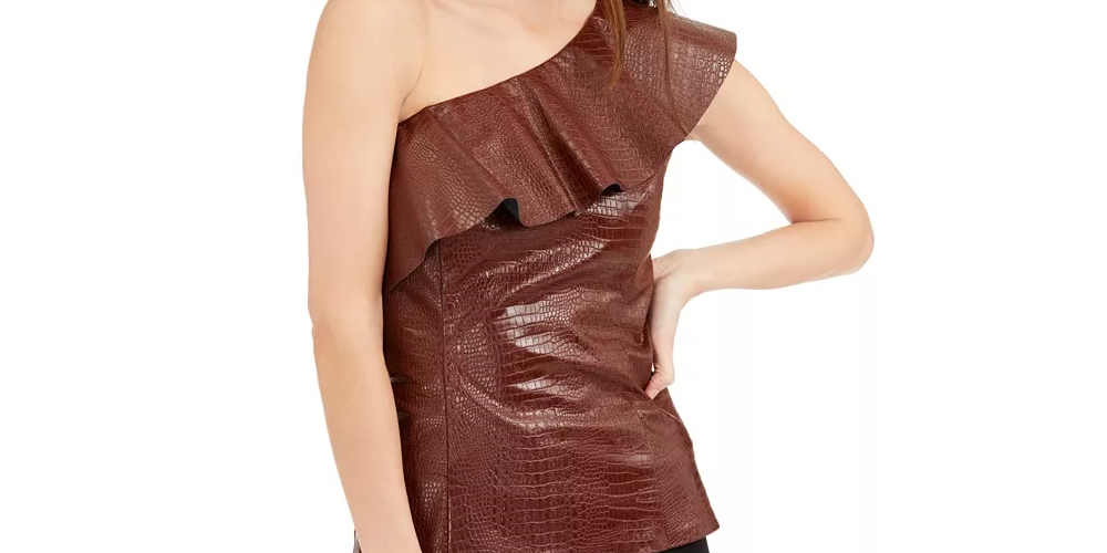 INC International Concepts Women's Croc-Embossed Faux-Leather Top Brown Size Small