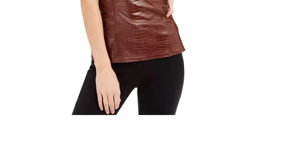 INC International Concepts Women's Croc-Embossed Faux-Leather Top Brown Size Small