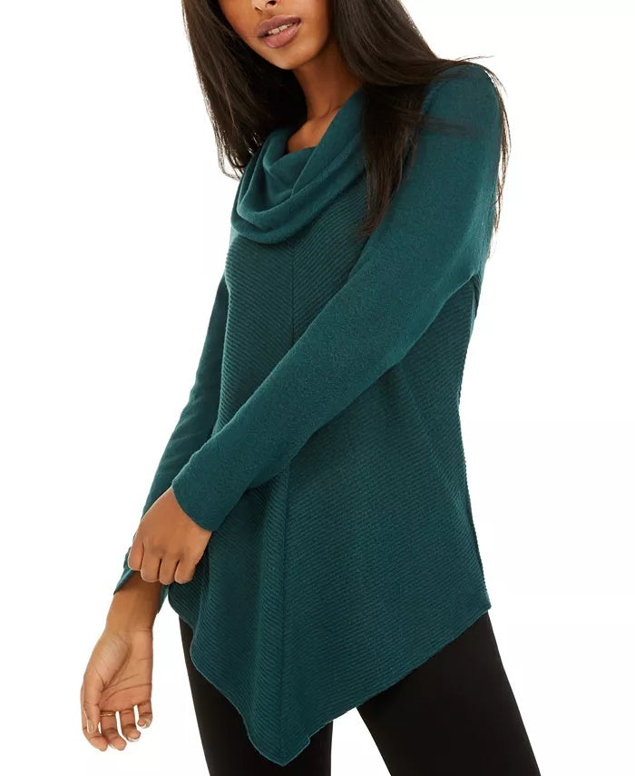 BCX Junior's Textured Cowlneck V Hem Sweater Green Size Small