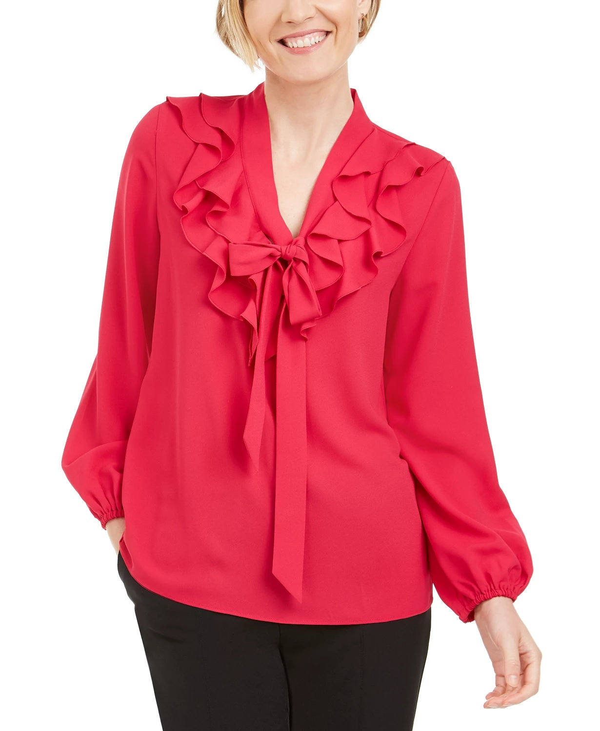 Kasper Women's Ruffled Tie-Neck Blouse Red Size Medium