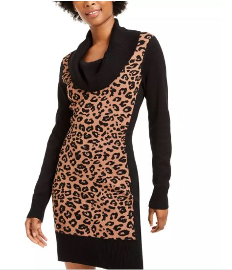 BCX Junior's Cowlneck Animal Print Sweater Dress Beige Size X-Small