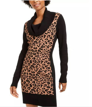 BCX Junior's Cowlneck Animal Print Sweater Dress Beige Size X-Small