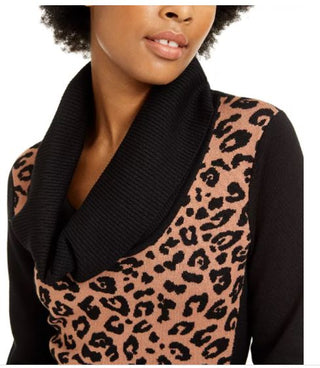 BCX Junior's Cowlneck Animal Print Sweater Dress Beige Size X-Small