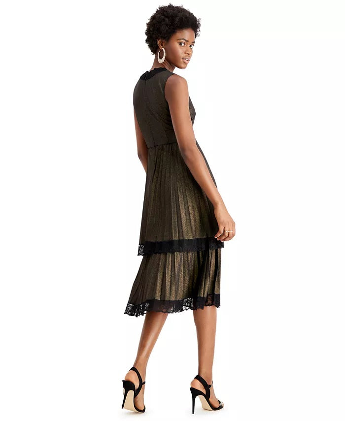 Taylor Women's Dresses Pleated Double Tiered Dress Metallic Black Size 4