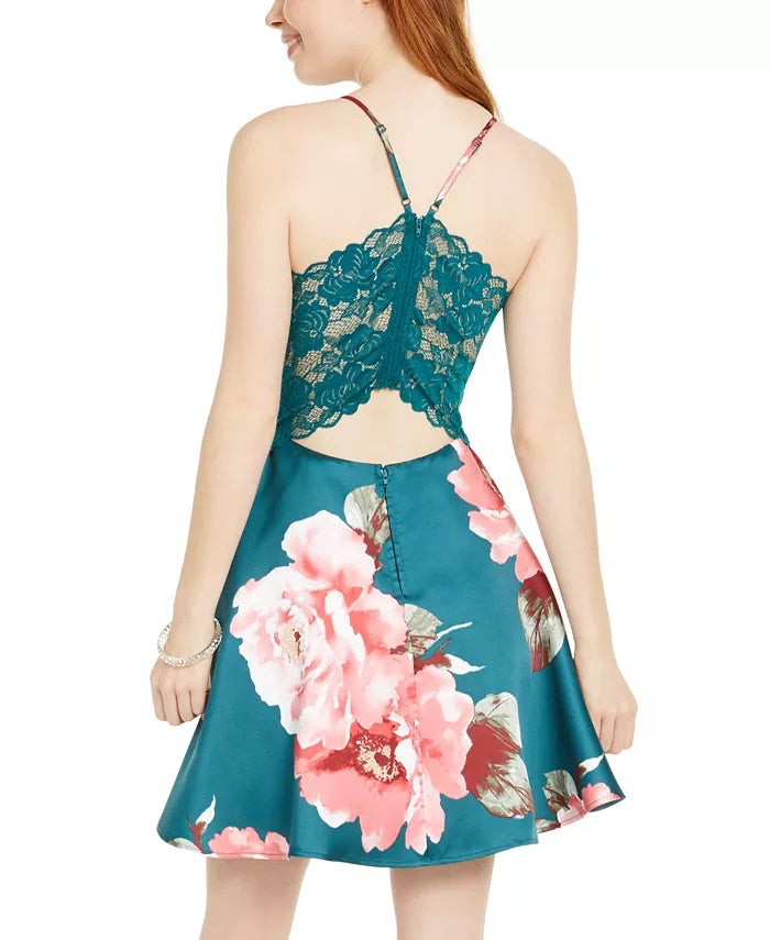 City Studios Junior's Lace Back Floral Print Fit & Flare Dress Green Size 3