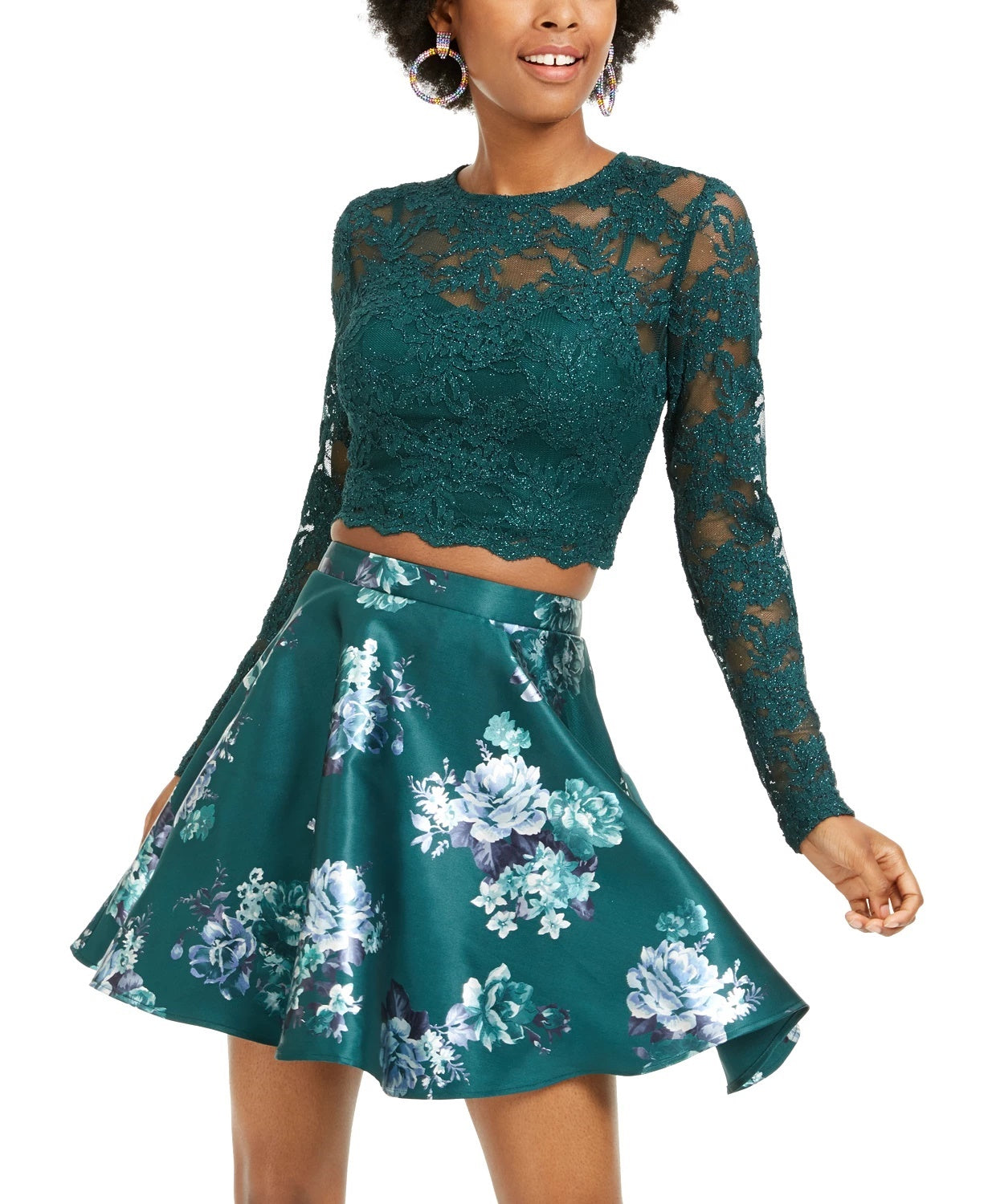 City Studios Junior's 2 Pc Lace Top & Floral Print Skirt Green Size 1