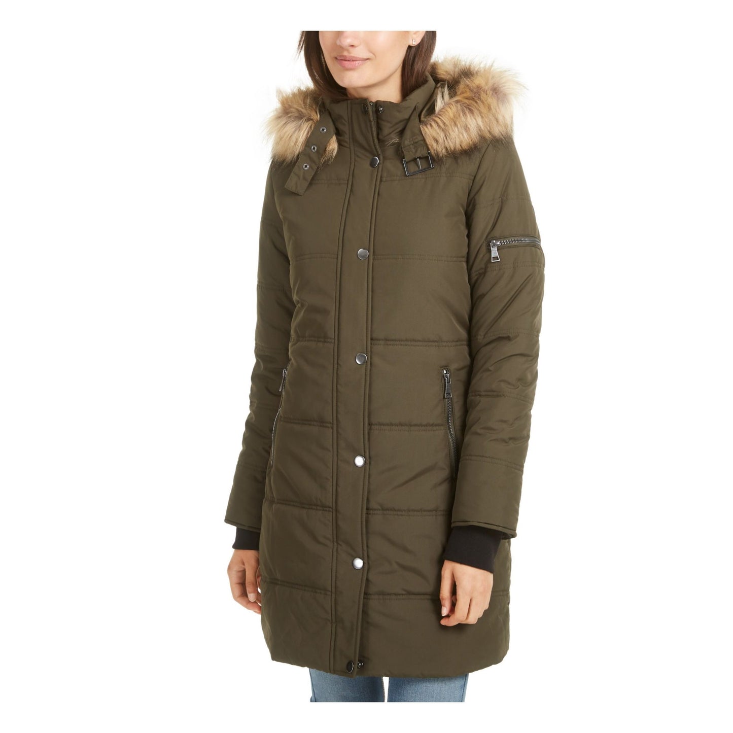 Maralyn & Me Junior's Faux Fur Trim Hooded Puffer Coat Green Size Small