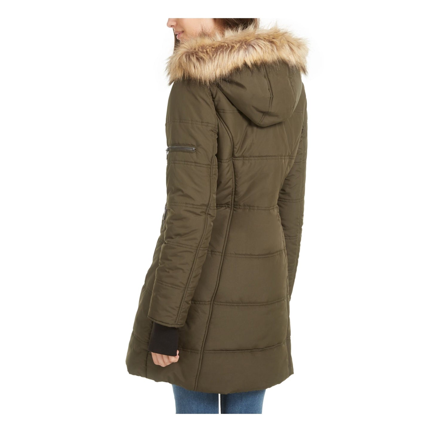 Maralyn & Me Junior's Faux Fur Trim Hooded Puffer Coat Green Size Small