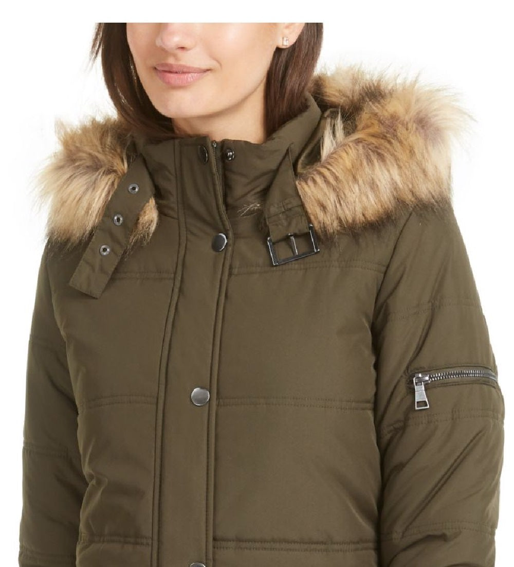 Maralyn & Me Junior's Faux Fur Trim Hooded Puffer Coat Green Size Small